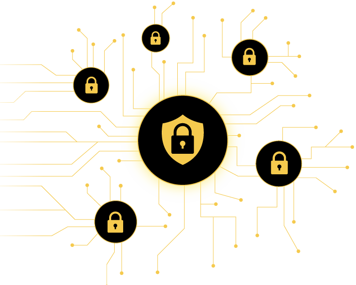 web of yellow data lines with a lock and shield